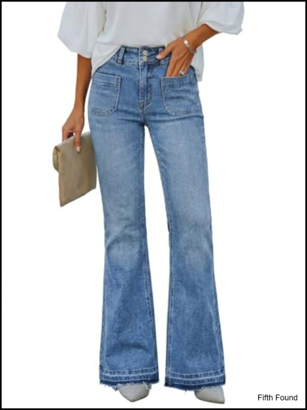 High Waisted Flare Jeans Distressed Raw Hem Double Button Stretchy Denim